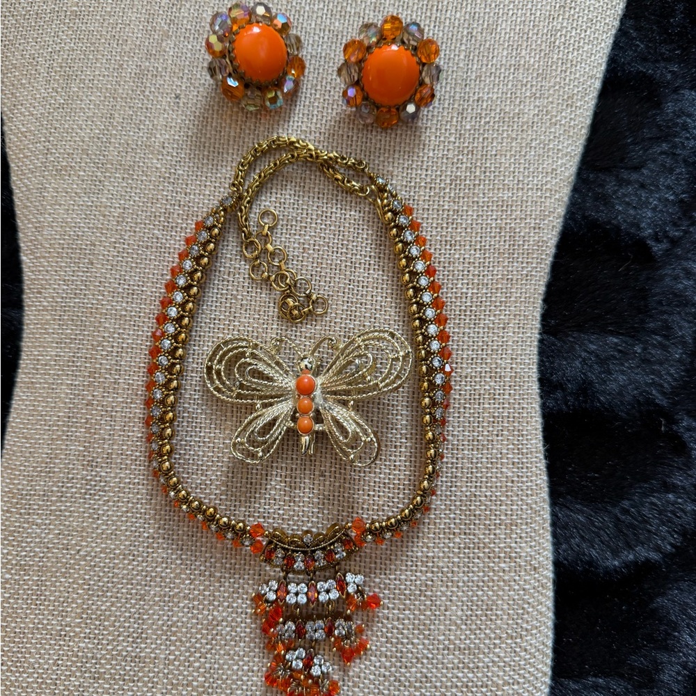 Vintage GoldTone Orange Butterfly Brooch & Orange Earrings & Rhinestone Necklace